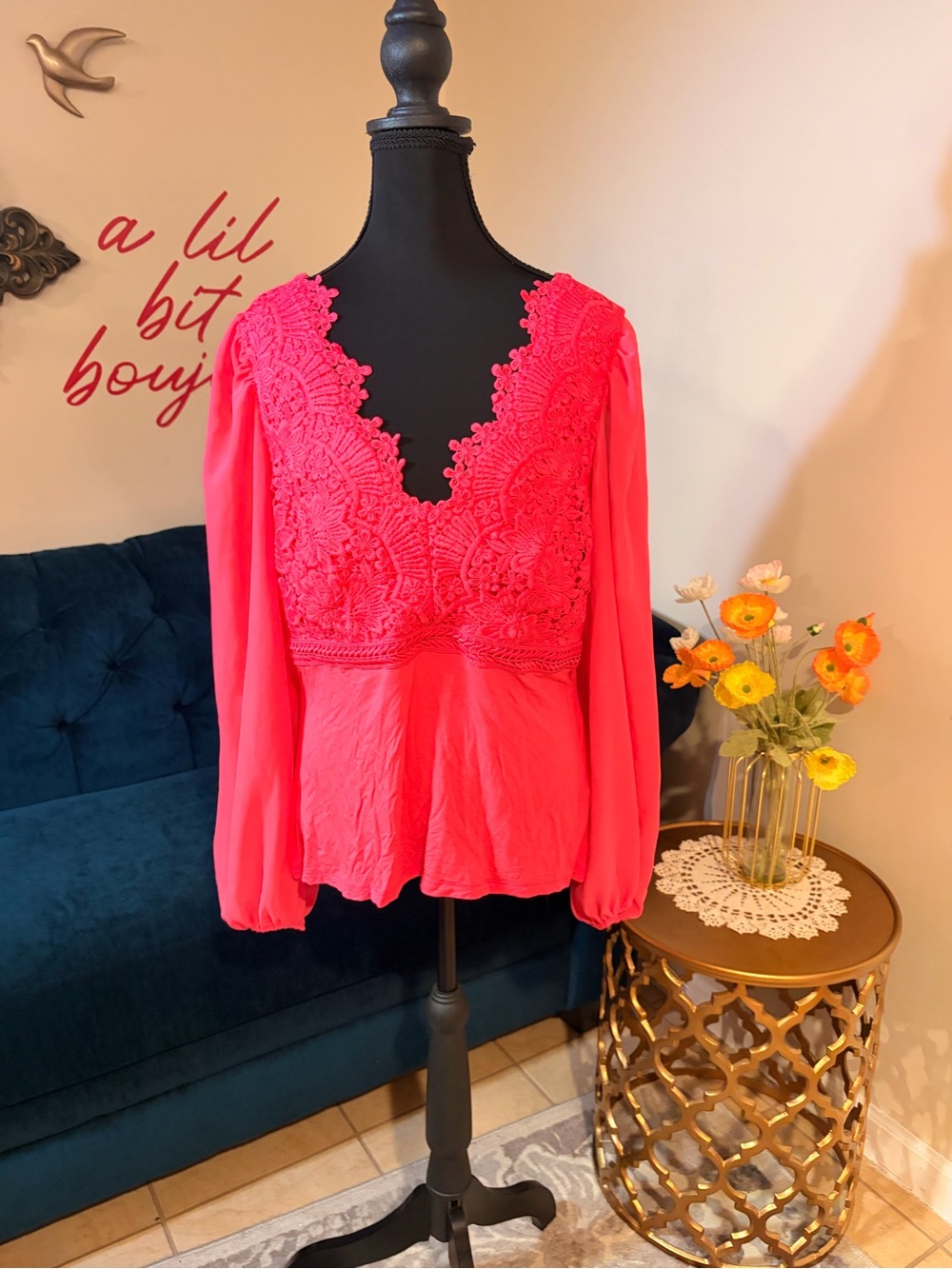 Boston Proper Hot Pink Lace-Trim V-Neck Blouse